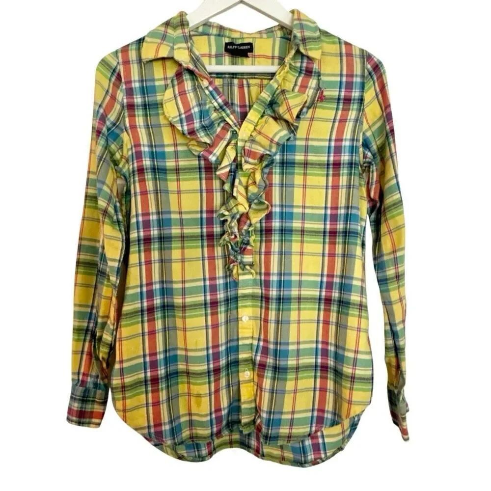Ralph Lauren yellow plaid ruffle neck button down girls 16